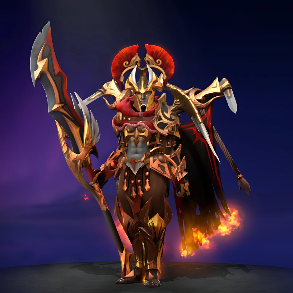The "Triumph of the Imperatrix" set from Dota 2's Summer 2023 Collector's Cache transforms Legion Commander with meticulous detail. She is clad in ornate, gleaming golden and dark red armor, a majestic horned helmet with a vibrant red plume, and wields a fearsome halberd, with her cape flowing fiercely with fiery animations.