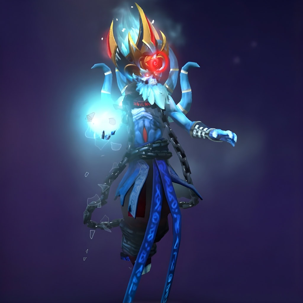 Dota 2 Immortal item, Perversions of the Bloodwhorl, is an ornate Lich crown with gilded spires, a red gem, and cyan energy.