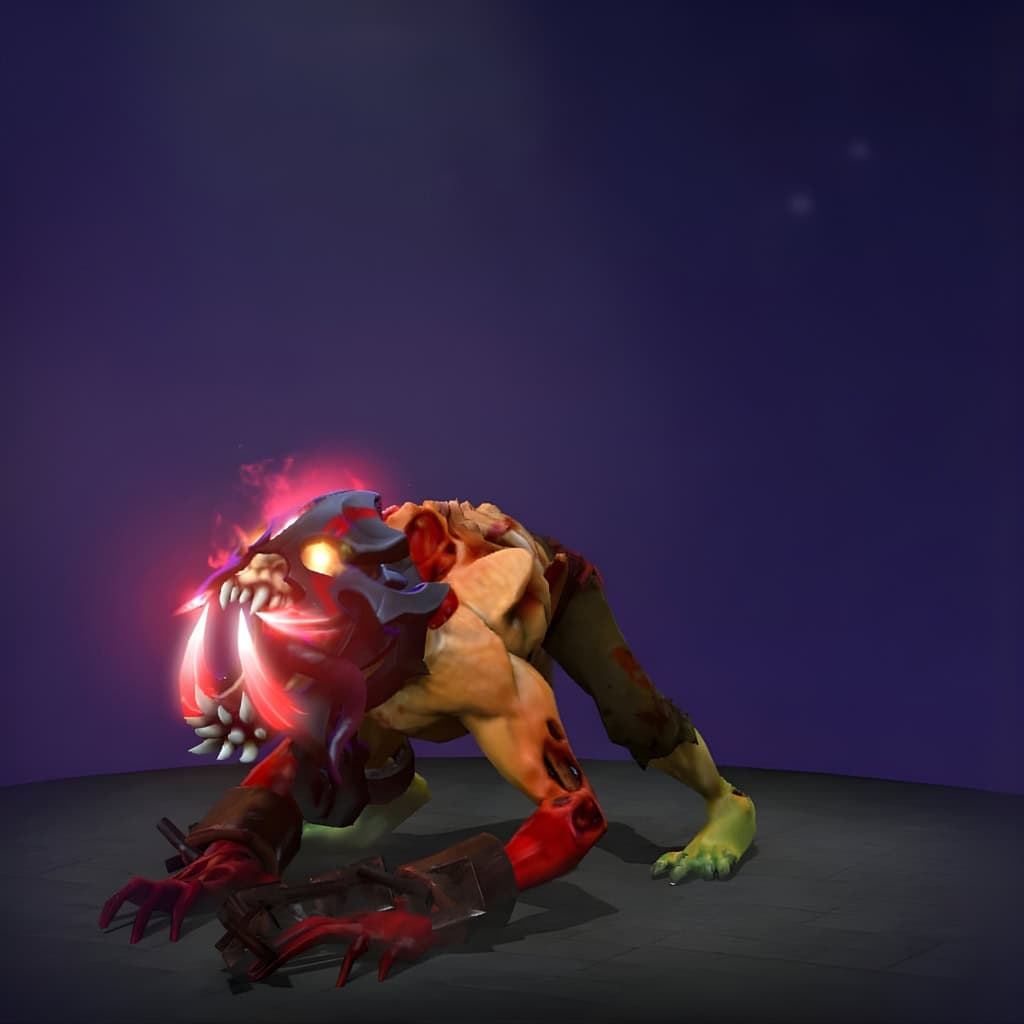 Dota 2 Immortal item, Dark Maw Inhibitor, is a Lifestealer mask of jagged metal plates with a sinister crimson light pulsing from its maw.