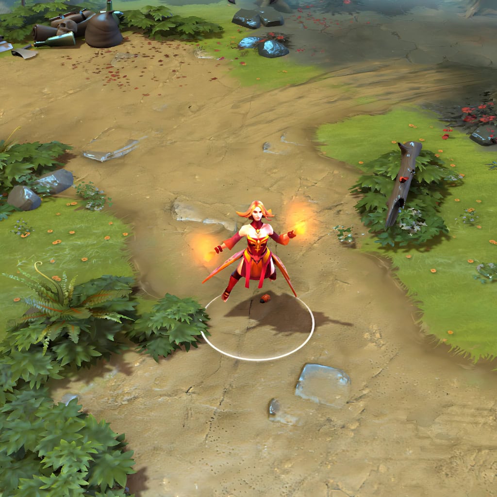 A gameplay screenshot of Lina's default model in Dota 2. This serves as a baseline to contrast with the enhanced in-game visuals and unique celestial deity aesthetic of the Flame of Origin cosmetic set.