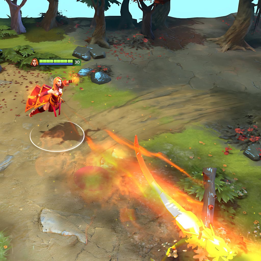 Gameplay screenshot of Lina's default skin, for comparison with the Glory of the Elderflame set from the TI10 Collector's Cache.
