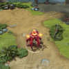 Lina shown in-game wearing the Flame of Origin set. The sleek crimson bodysuit, dark-metal armor, radiant sun-like halo, and intensely bright fire effects on her hands are clearly visible, showcasing the set's full impact and powerful spell animations.
