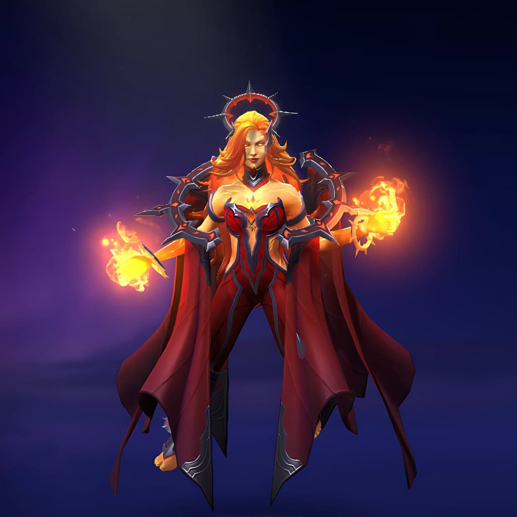 Lina's "Flame of Origin" Cosmic 2025 Heroes Hoard set. Transforms her into a celestial deity with a sleek crimson bodysuit, dark-metal armor plates, a radiant sun-like halo, and hands wreathed in intensely bright fire effects.