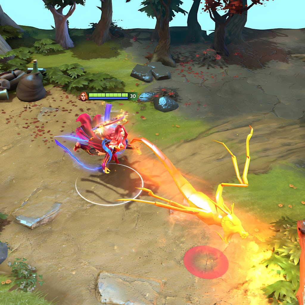 Gameplay screenshot showcasing the Glory of the Elderflame set for Lina from The International 10 Collector's Cache, highlighting her radiant flame diadem, ember-woven robes, and inferno-charged bracers in action.