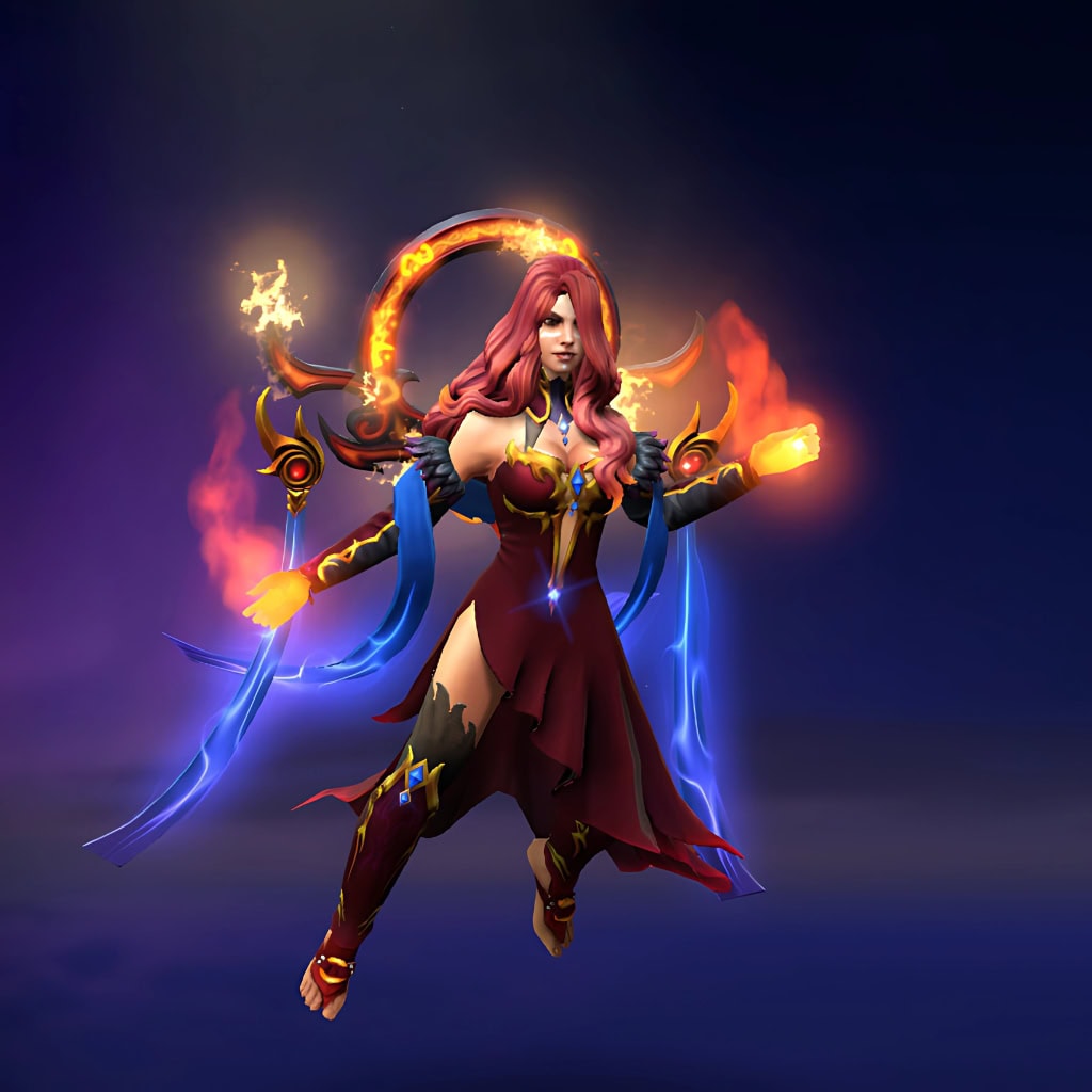 Image of the Glory of the Elderflame cosmetic set for Lina, from The International 10 Collector's Cache in Dota 2, featuring Lina crowned by a radiant flame diadem, adorned in crimson and gold robes with dark blue ethereal energy, and Inferno-charged bracers.