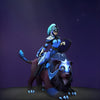 The default skin of Luna, shown for comparison with the Bloodmoon Stalker set. This highlights the transformation into a dark warrior with ethereal blue armor, a glowing glaive, and a formidable grey wolf mount.