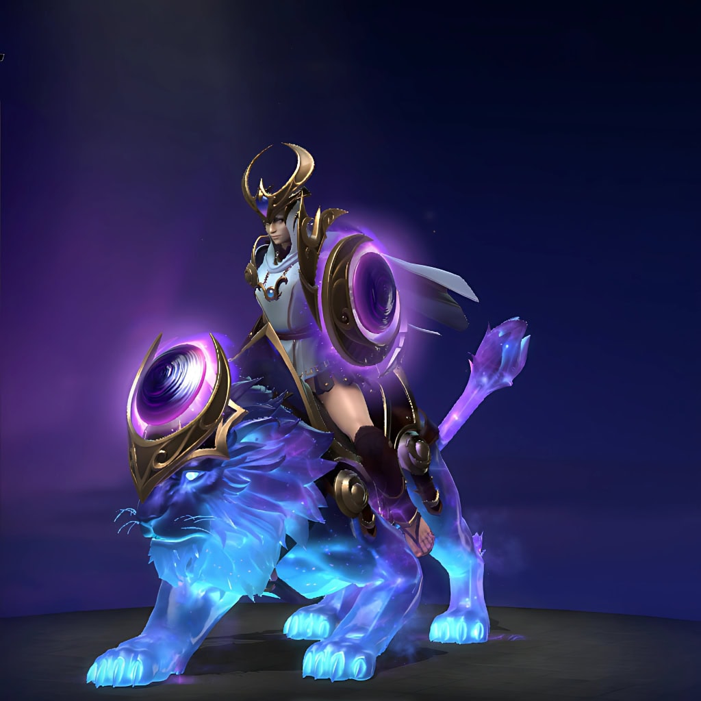 Luna's "Leonid Luminosity" Cosmic 2025 Heroes Hoard set. Features a spectral lion mount formed from a swirling blue and purple nebula, immaculate white and gold celestial armor, a crescent-moon helm, and a cosmic vortex shield with a dynamic, swirling galactic core.