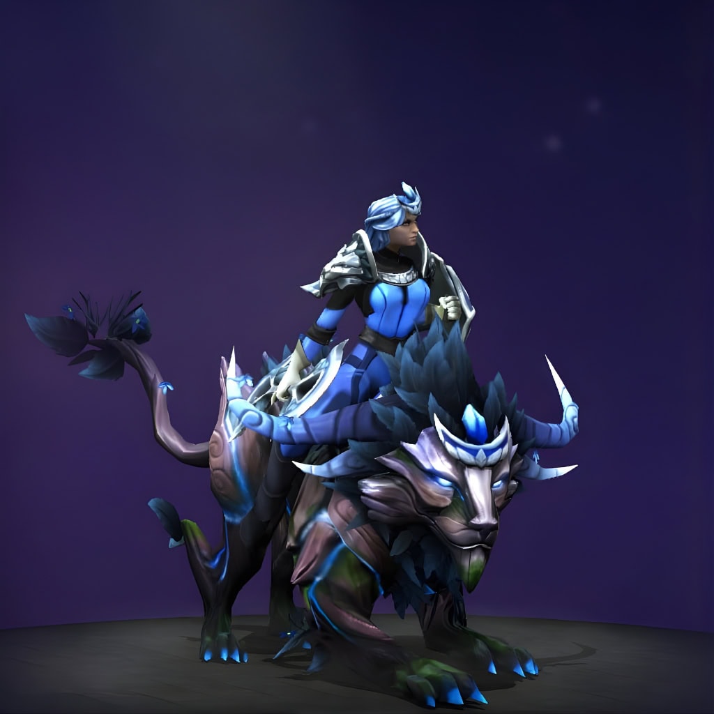 Luna's "Nightsilver's Resolve" The International 2016 Collector's Cache set. Features Luna in royal-blue and silver armor, atop a magnificent arboreal mount with horns, bark-like hide, and glowing blue eyes and accents.