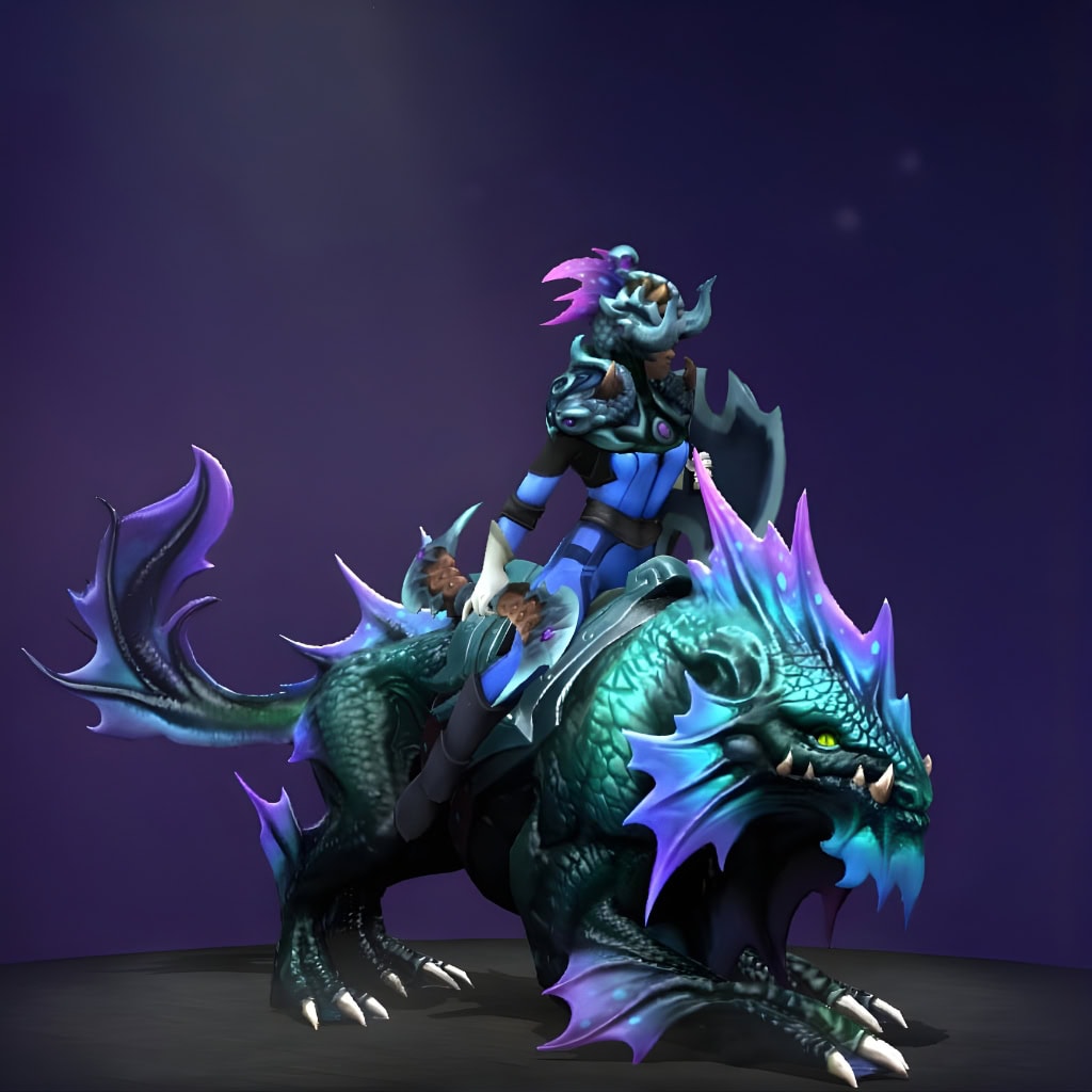 Luna's "Shadowforce Gale" Mythical set from The International 2017 Collector's Cache. This skin transforms her into an abyssal warrior, riding a majestic sea dragon with a stunning color palette of deep ocean blues, teals, and bioluminescent purple. Luna wears matching intricate armor with a finned crest helmet. She is posed on her mount against a dark background.
