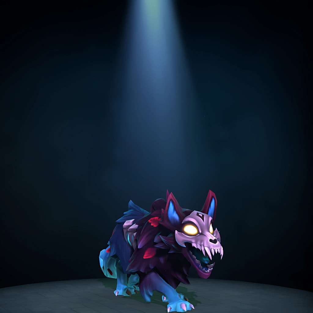 A summoned wolf unit from Lycan's Creed of the Skullhound Nemestice Collector's Cache 2021 set. The wolf features a distinctive skull-like headpiece with glowing eyes and dark, ethereal fur with red and blue accents.