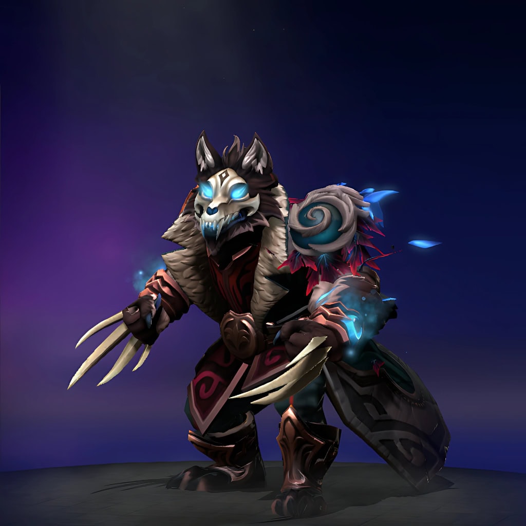 Lycan's "Creed of the Skullhound" Nemestice Collector's Cache 2021 set. Features a haunting, bone-white skull mask with eyes burning with ethereal blue light, wickedly sharp primal claws, and pauldrons swirling with captured arcane energy.