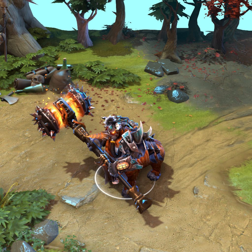 Magnus in-game wearing the Cruelties of the Spiral Bore set from The International 2018 Collector's Cache II. The dark iron plates, menacing Drill-Point Helmet, and fiery grinder-hammer are clearly visible, showcasing its intimidating presence.