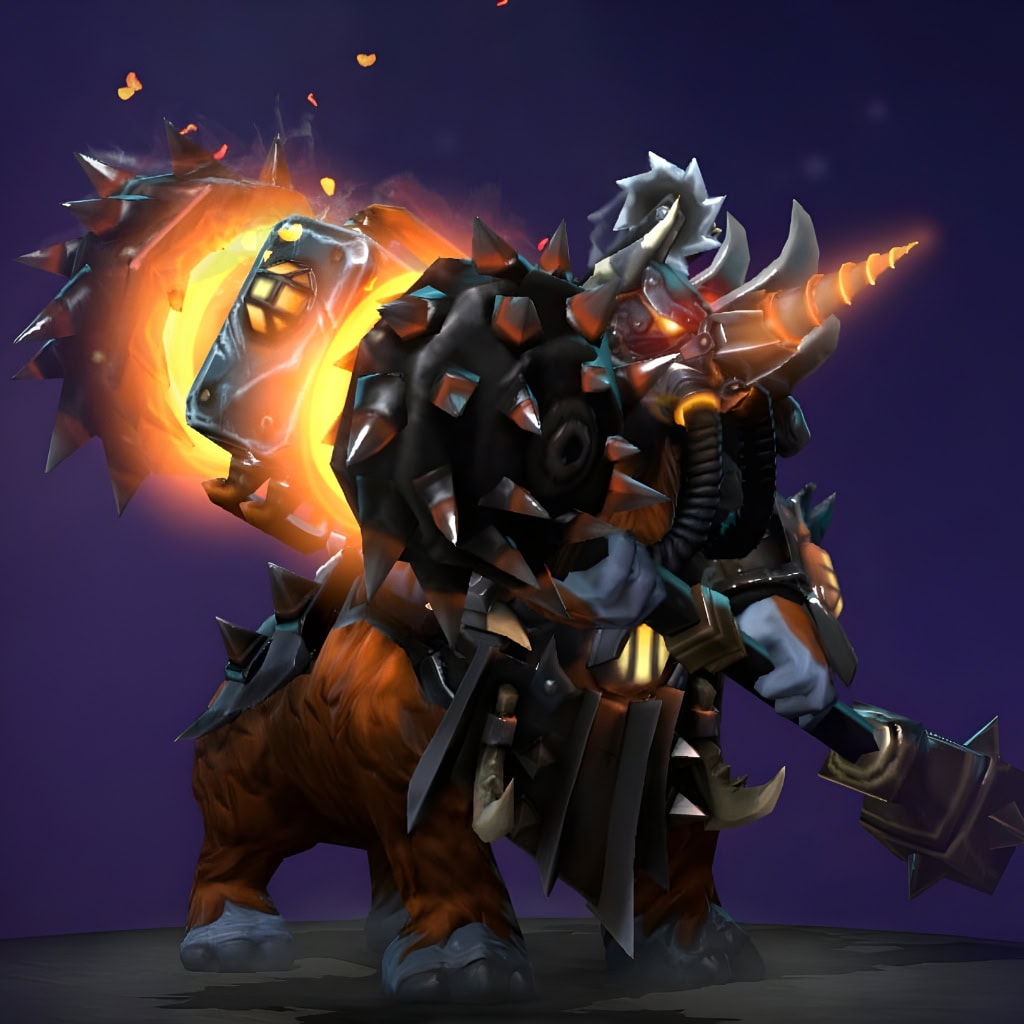 Magnus's "Cruelties of the Spiral Bore" The International 2018 Collector's Cache II set. A Mythical metamorphosis into a brutalist engine of war, encased in dark iron plates. Features a Drill-Point Helmet and a monstrous, fiery grinder-hammer.