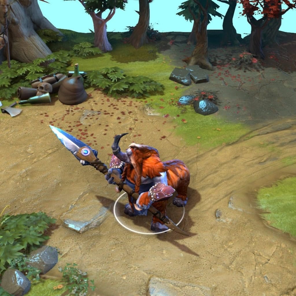 A gameplay screenshot of Magnus's default model in Dota 2. This serves as a baseline to contrast with the brutalist aesthetic and unique in-game silhouette of the Cruelties of the Spiral Bore cosmetic set.