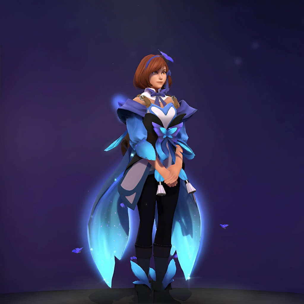 Marci's "Blue Horizons" Diretide 2022 Collector's Cache set. Recasts the hero in an elegant, uniform-like attire of brilliant blues, featuring a heart-shaped chest piece, a magnificent glowing butterfly-wing sash, and delicate ambient butterfly effects.