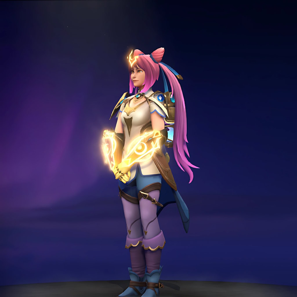 Marci's "BRIGHTFIST" Summer 2023 Collector's Cache set. Features stylized white and gold armor, a unique pink high-ponytail hairstyle with twin buns, and powerful gauntlets that radiate with brilliant golden energy, showcasing the set's radiant summer theme.