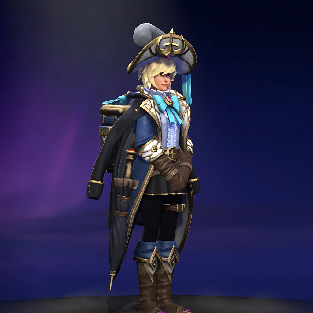 Marci's "Cosmic Cartographer" Cosmic 2025 Heroes Hoard set. Features an exquisite blue and black greatcoat with gold trim, a feathered hat, scholarly spectacles, and a wicker backpack carrying a celestial atlas, umbrella, and baguette.
