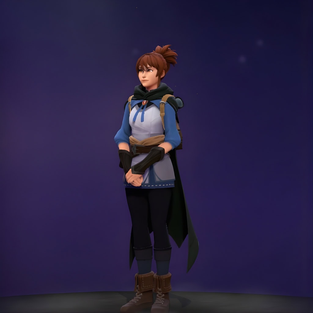 The default skin of Marci, shown for comparison with the Faithful Fortune set. This highlights the transformation into a powerful warrior with a vibrant, traditionally inspired red and gold outfit and hairstyle.