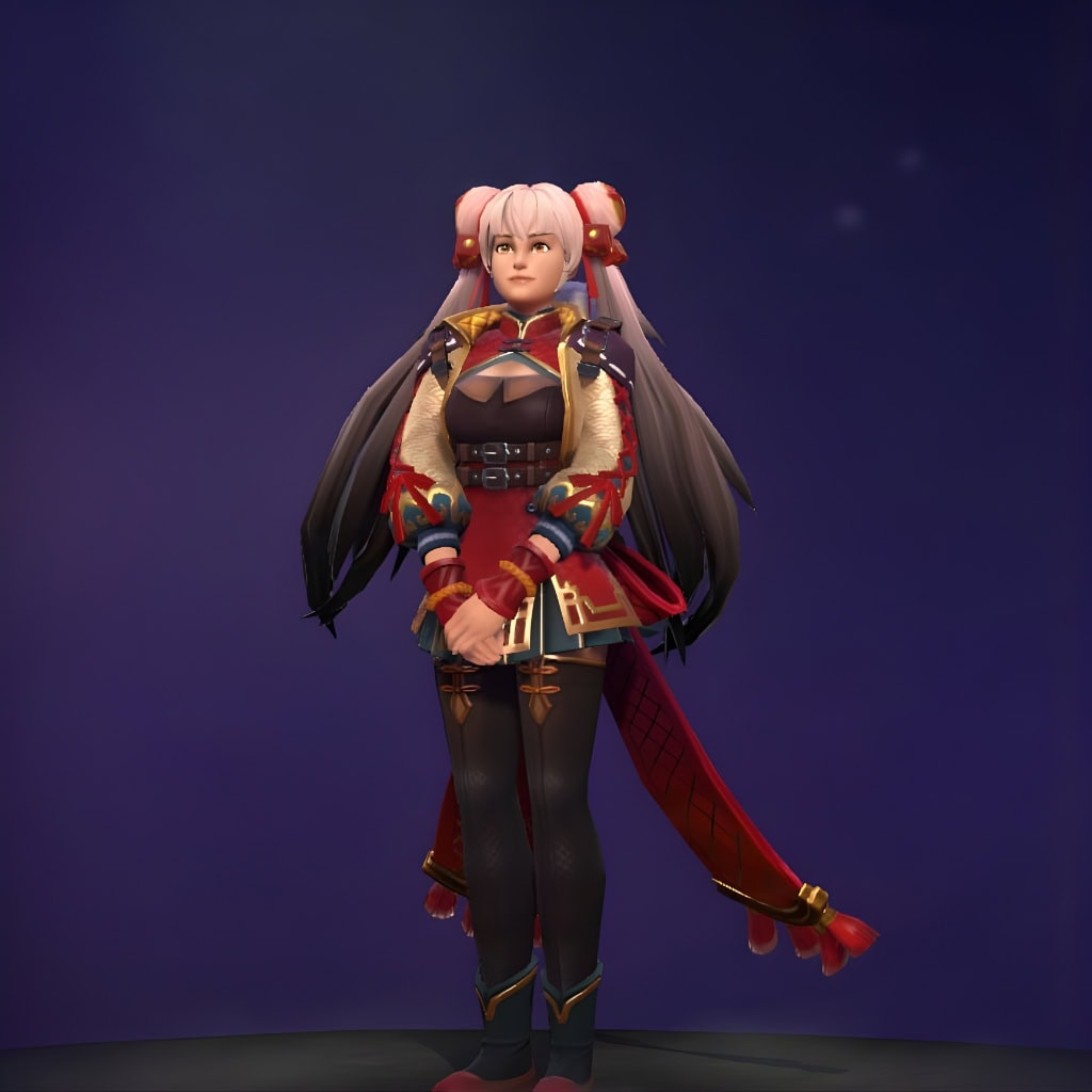 Marci's "Faithful Fortune" set from the Crownfall 2024 Collector's Cache. This cosmetic transforms her into a vision of prosperity, featuring a stunning red and gold theme inspired by traditional Chinese motifs. The attire showcases meticulous craftsmanship and majestic twin-bun hair.