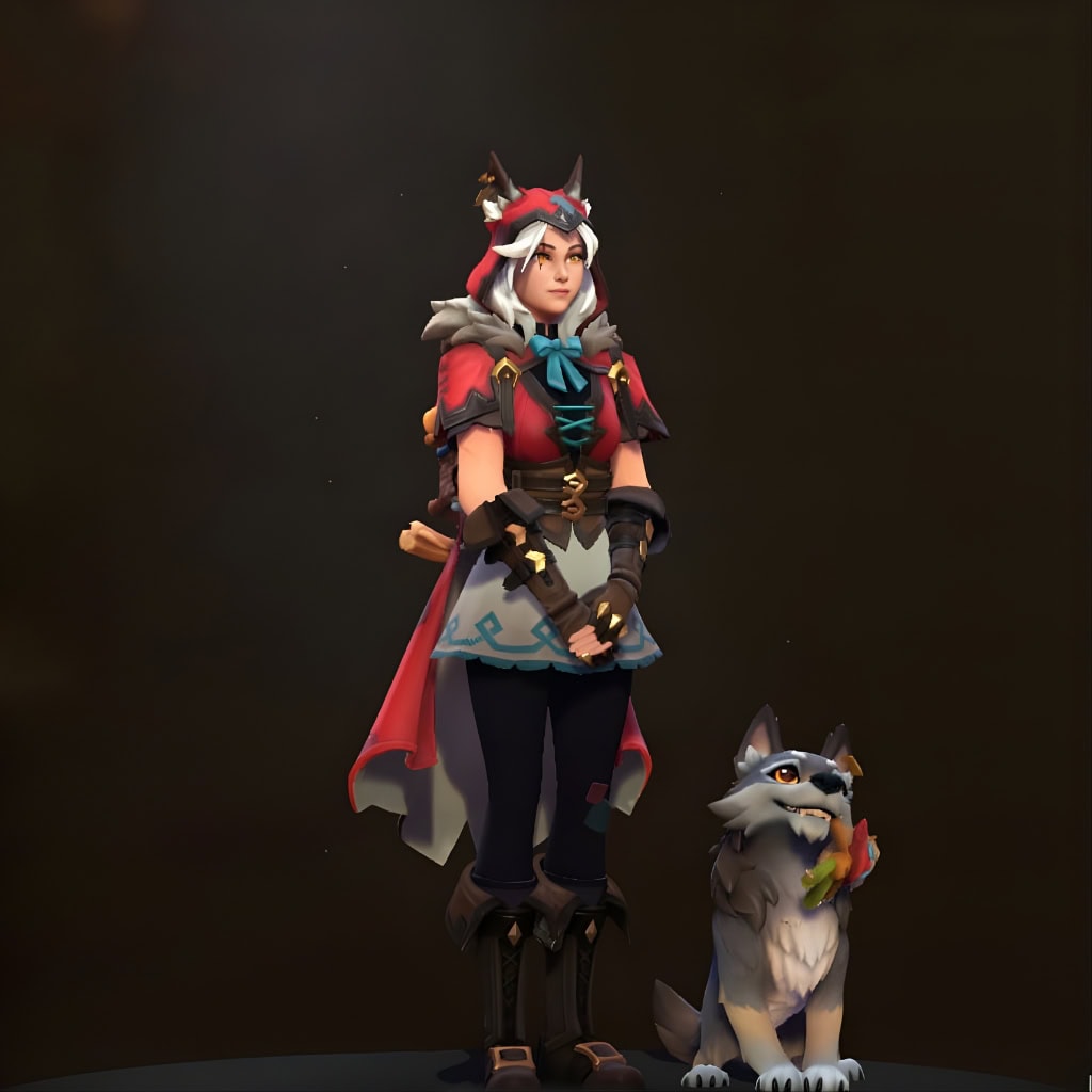 Little Red set for Marci from the Winter 2024 Heroes Hoard. This Dota 2 skin transforms her into a Little Red Riding Hood-inspired character with a crimson hood and a small wolf companion.