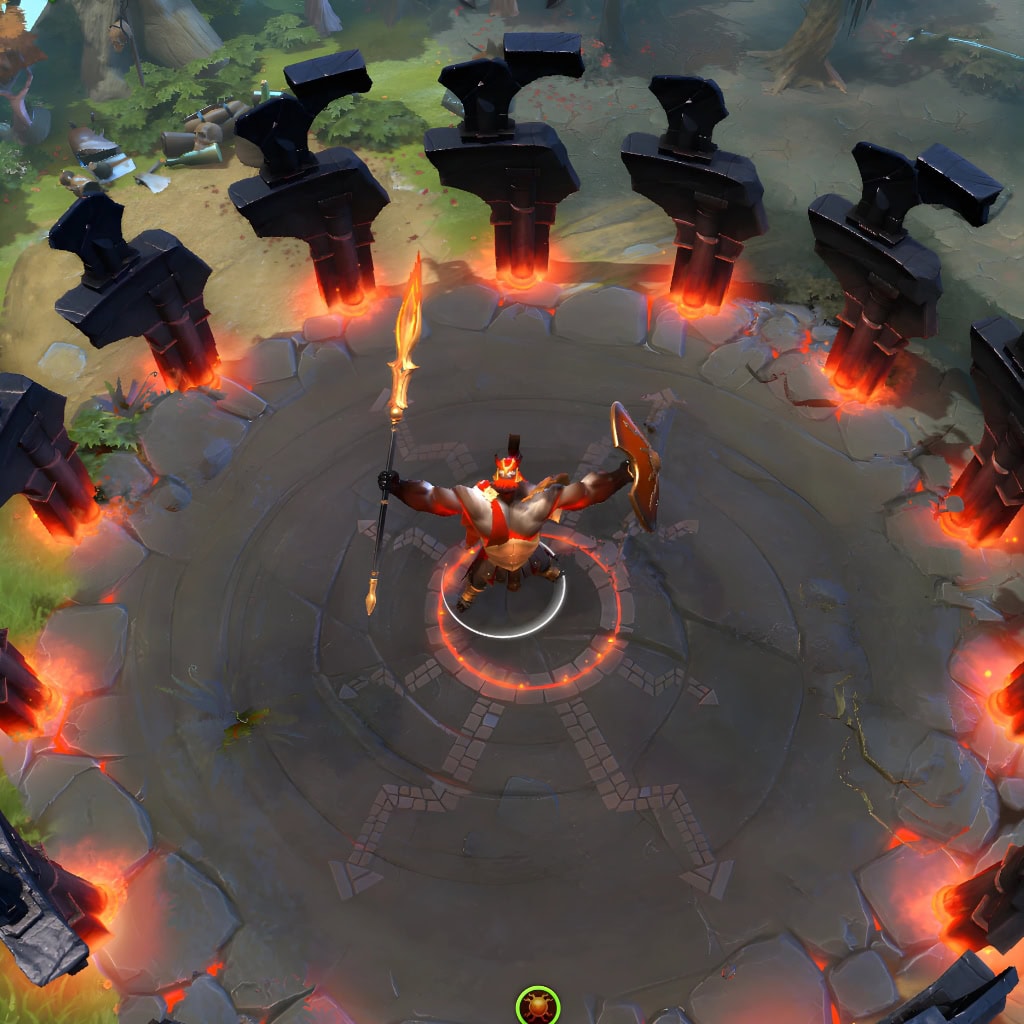 A gameplay screenshot of Mars' default model in Dota 2. This serves as a baseline to contrast with the enhanced in-game visuals, majestic horned helm with fiery crest, and demonic aegis shield of the Forgotten Fate cosmetic set.