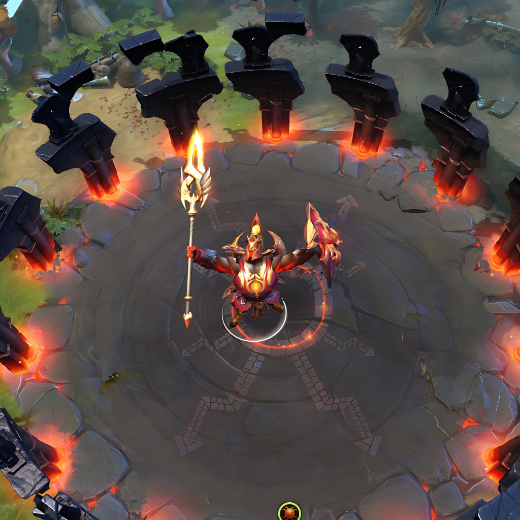 Mars shown in-game wearing the Forgotten Fate set. The majestic horned helm with its blazing fiery crest, the demonic aegis shield with glowing eyes, the ornate golden and red armor, and the infernal spear are all clearly visible, showcasing the set's full impact during gameplay.