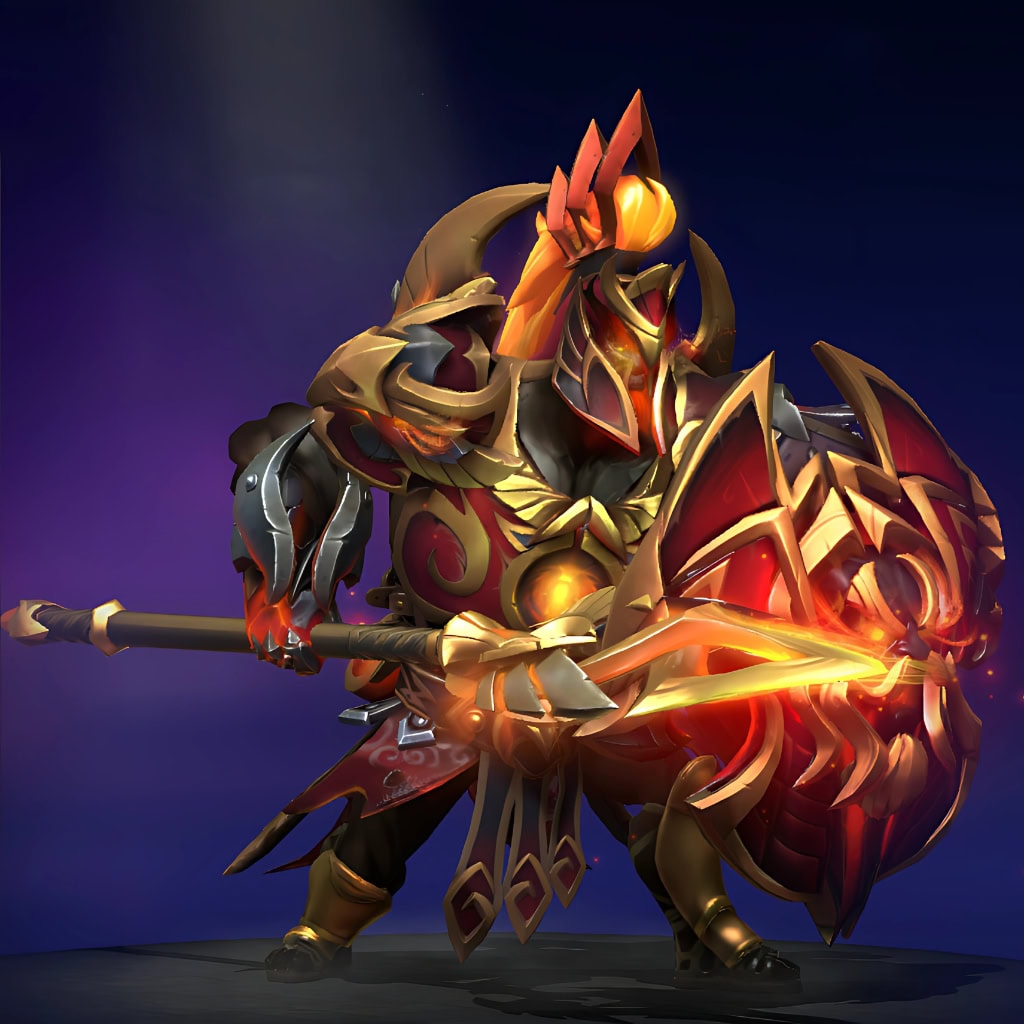 Mars' "Forgotten Fate" Aghanim's 2021 Collector's Cache set. Features a majestic horned helm with a fiery orange crest, a demonic aegis shield with glowing eyes, ornate golden and red armor, and an infernal spear glowing with intense fiery energy.