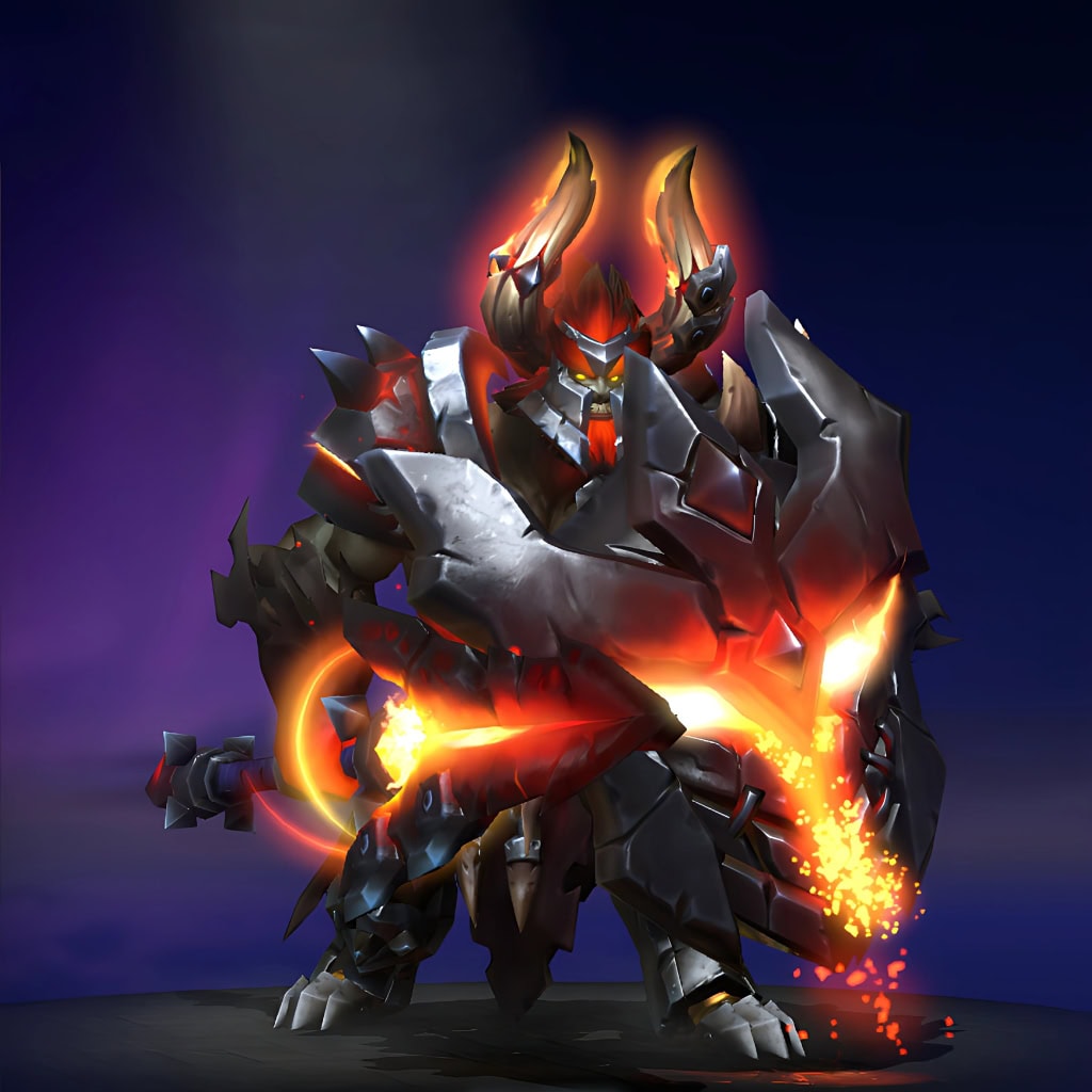 Image of the Forsworn Legacy cosmetic set for Mars, from The International 10 Collector's Cache in Dota 2, featuring Mars in formidable dark armor with glowing orange accents, a horned helmet, and a shield emitting fiery particles.