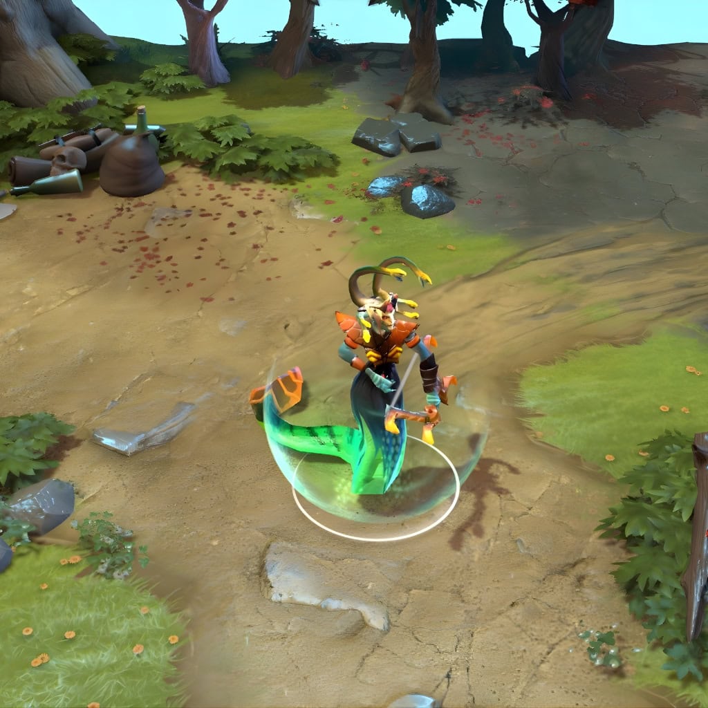 A gameplay screenshot of Medusa's default model in Dota 2. This serves as a baseline to contrast with the imposing, royal, and unique aesthetic of the rare Serpent of the Emerald Sea set from The International 2015 Collector's Cache.