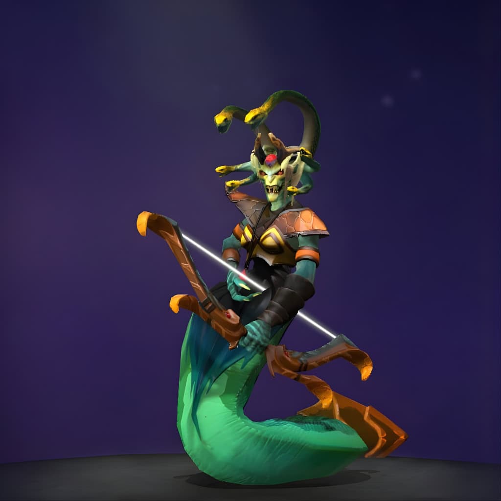 The default skin of Medusa, for comparison with the Serpent of the Emerald Sea set from The International 2015 Collector's Cache. This highlights the transformation into a deep-sea queen with ornate golden and emerald armor, a regal headpiece, and a unique bow.