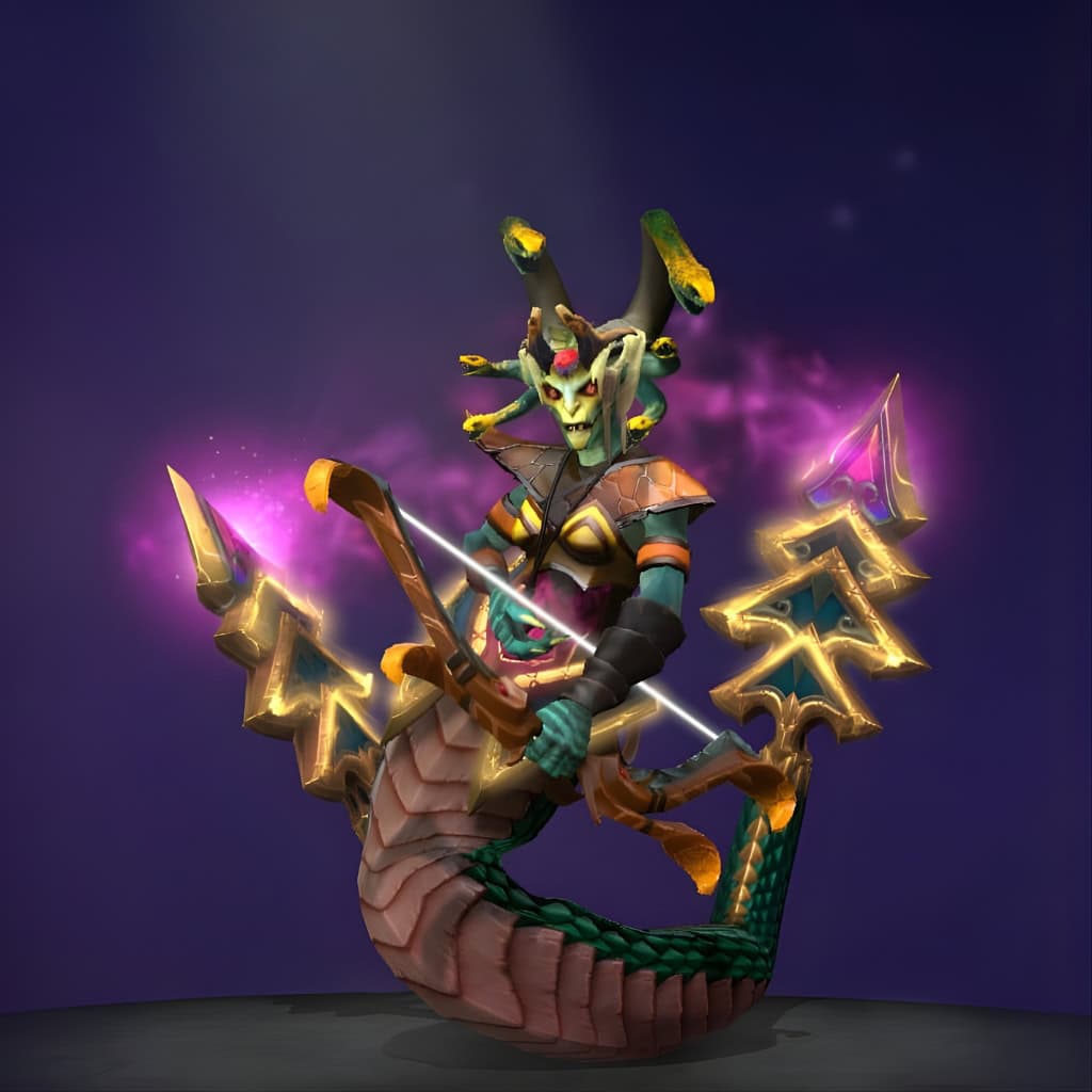 Dota 2 Immortal item, Fate of Hydrophiinae, redesigns Medusa's tail into intertwined emerald-scaled serpents with golden tips.