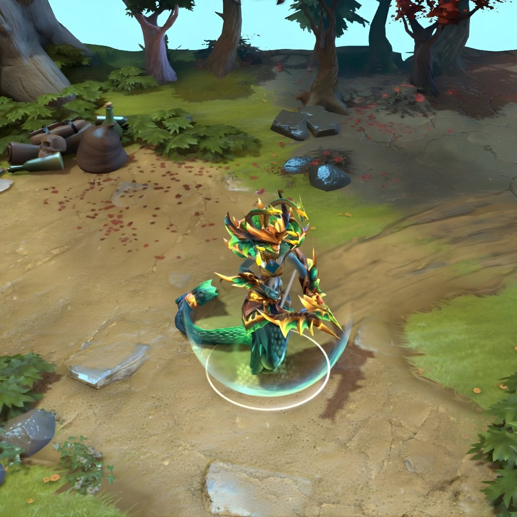 Medusa in-game wearing the Serpent of the Emerald Sea set from The International 2015 Collector's Cache. The lustrous gold and emerald armor, elaborate headpiece, and custom bow with a glowing crimson gemstone are clearly visible, showcasing its commanding presence.