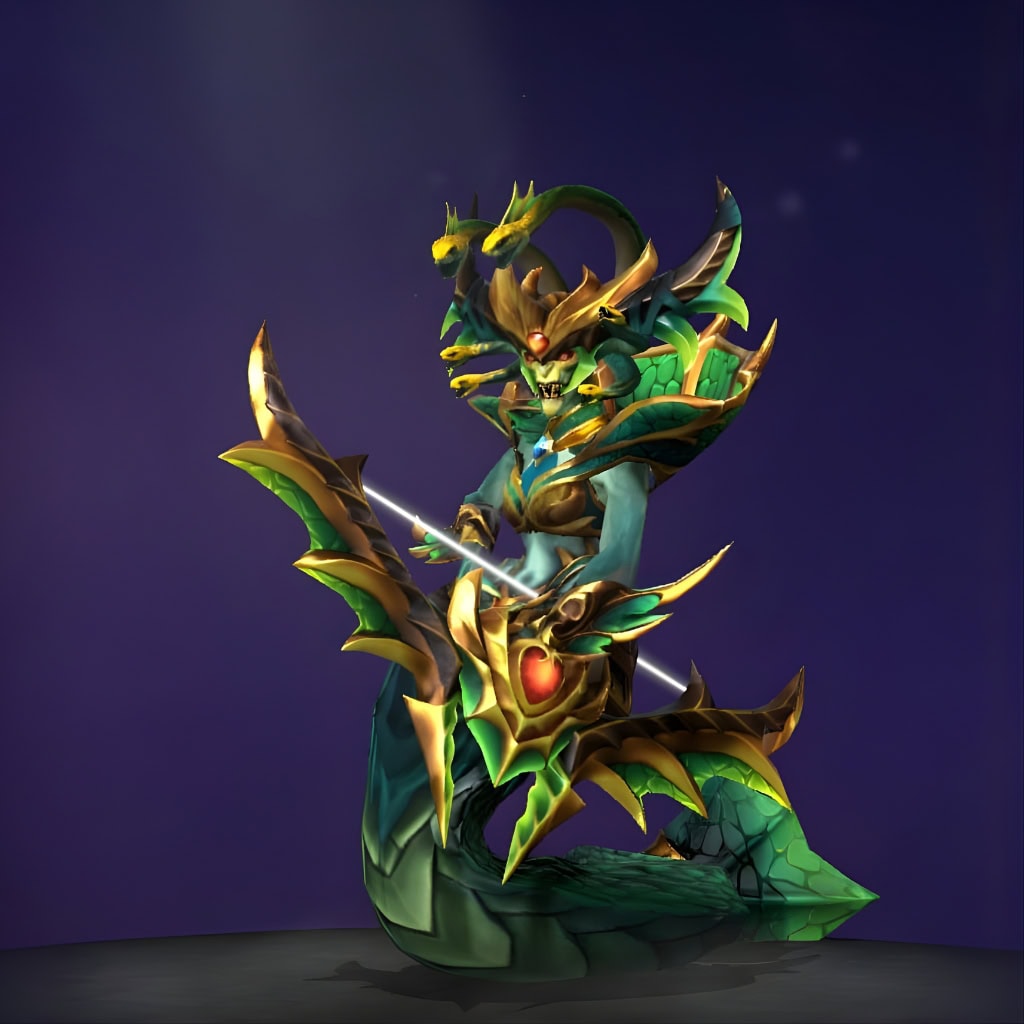Medusa's "Serpent of the Emerald Sea" The International 2015 Collector's Cache set. Transforms her into an imperious queen of the abyss, featuring lustrous gold and brilliant emerald plating, an elaborate headpiece, and a unique custom bow with a glowing crimson gemstone.