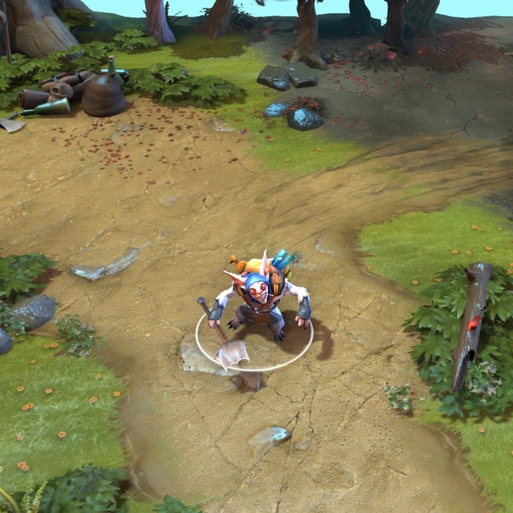 A gameplay screenshot of Meepo's default model in Dota 2. This serves as a baseline to contrast with the unique crystalline prospector aesthetic and memorable appearance of the Pitmouse Fraternity cosmetic set.