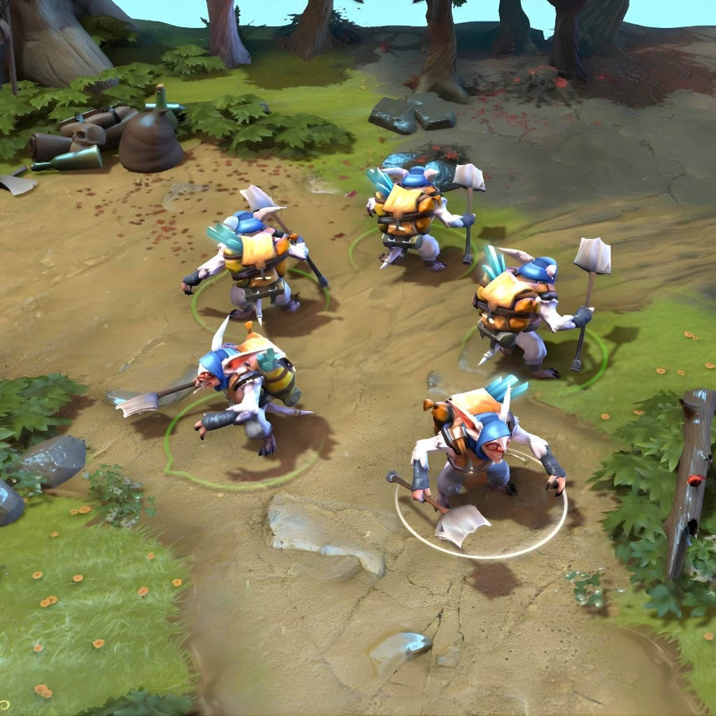 A gameplay screenshot of Meepo's default model in Dota 2. This serves as a baseline to contrast with the enhanced in-game visuals and distinct adventurer aesthetic of The Family Values cosmetic set from The International 2016 Collector's Cache.