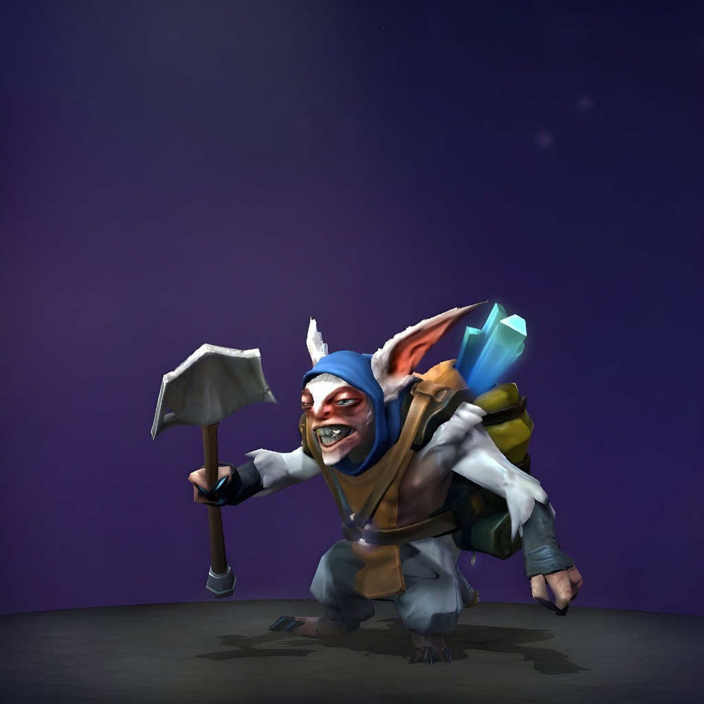 The default skin of Meepo, for comparison with The Family Values set from The International 2016 Collector's Cache. This highlights the transformation into a unified expedition force with distinct teal and brown gear, a glowing eye, and a unique weapon.