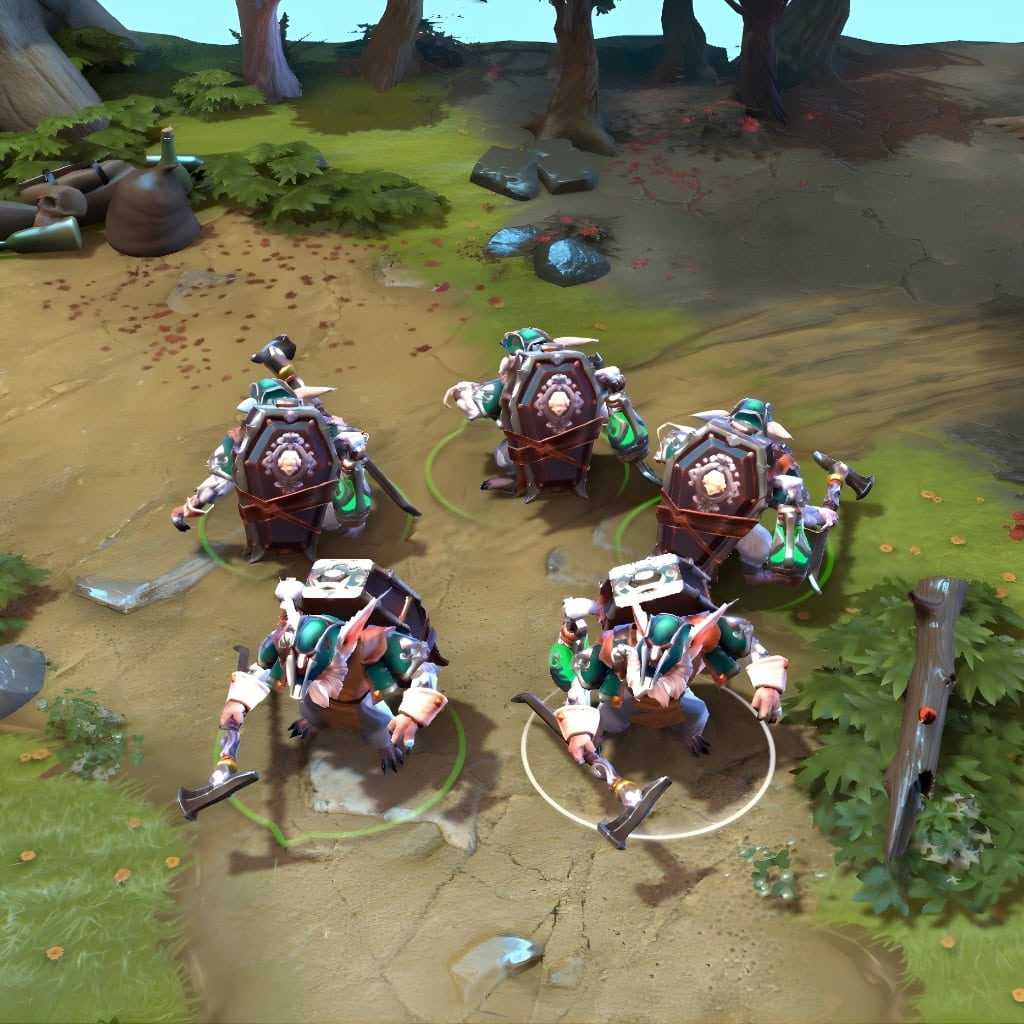 Meepo in-game wearing The Family Values set from The International 2016 Collector's Cache. The layered teal-and-brown outfit, captain's cap with a glowing eye, alchemical lantern with green glow, and pickaxe-style weapon are clearly visible, showcasing the set's full impact.