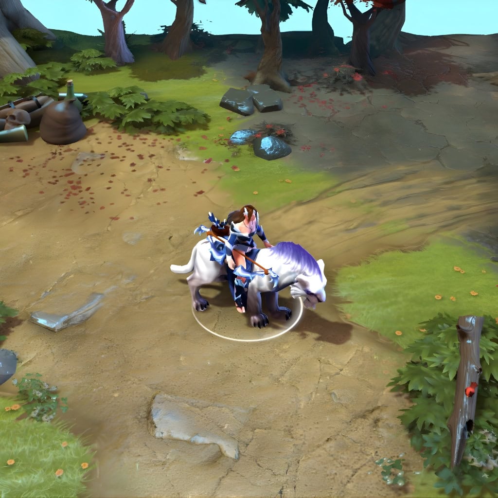 A gameplay screenshot of Mirana's default model in Dota 2. This serves as a baseline to contrast with the otherworldly aesthetic and standout presence of the Dreams of Midsummer set, which features vibrant particle effects and a completely transformed mount.