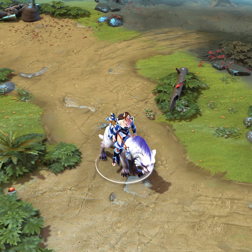 A gameplay screenshot of Mirana's default model and mount in Dota 2. This serves as a baseline to contrast with the enhanced in-game visuals and unique lunar moth aesthetic of the Photax Fluttercat cosmetic set.