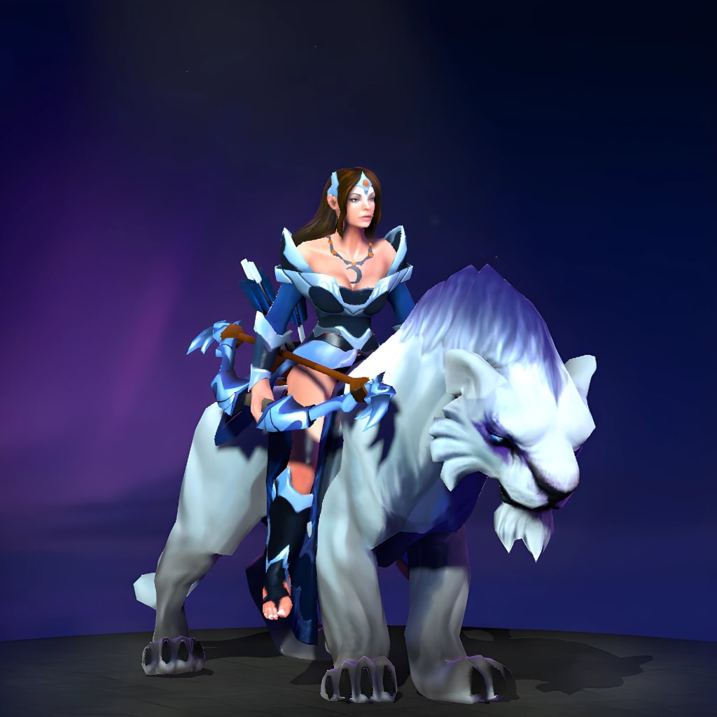 The default skin of Mirana and her mount, shown for comparison with the Photax Fluttercat set. This highlights the transformation into a lunar moth-themed aesthetic with cosmic wings, glowing purple eyes, and ornate armor with amber gems.