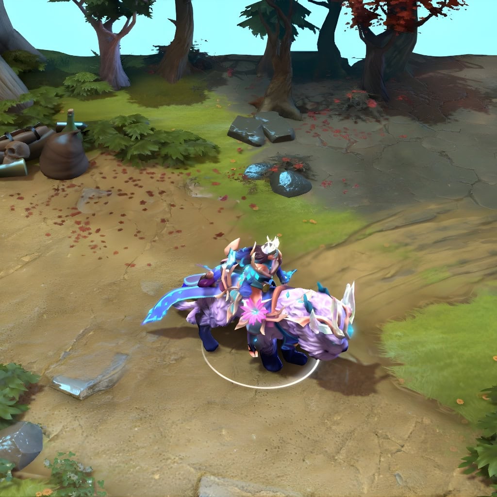 Mirana shown in-game riding her transformed mount from the Dreams of Midsummer set. Her glowing crystalline armor, luminous celestial crown, and the mount's formidable armored silhouette are clearly visible, accentuated by vibrant blue particle effects from her weapon.