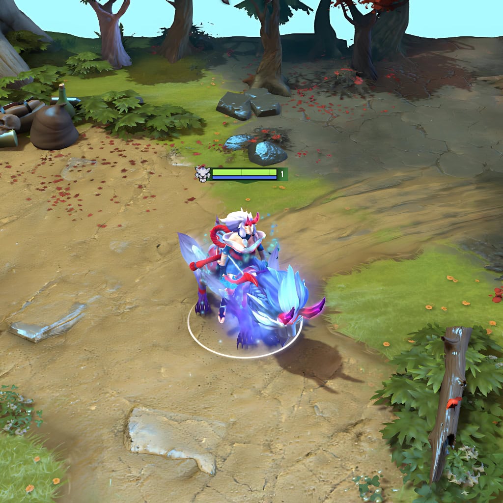Gameplay screenshot showcasing the Spirit of the Sacred Grove set for Mirana, highlighting her celestial mount in action and the unique, glowing cyan particle effect on her Sacred Arrow.
