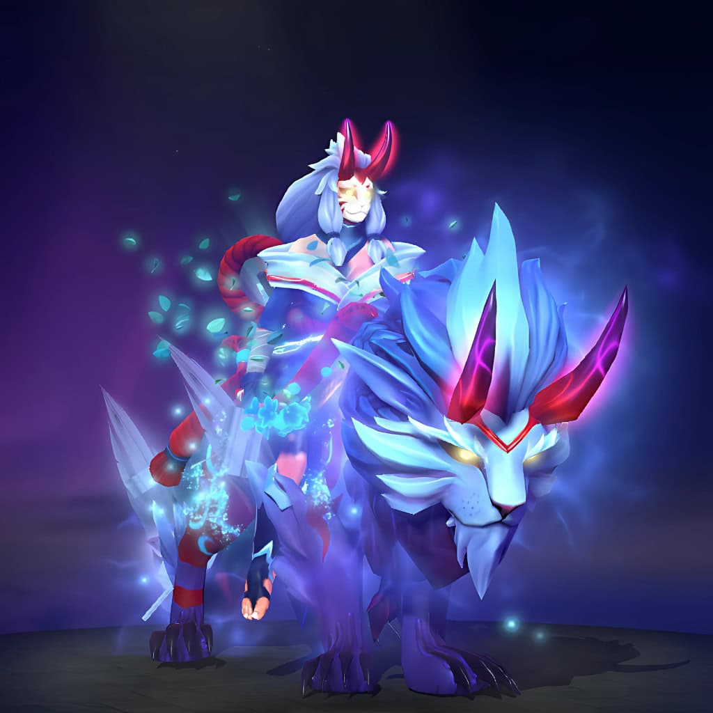 Image of the Spirit of the Sacred Grove cosmetic set for Mirana, from The International 10 Collector's Cache in Dota 2, featuring Mirana in a formidable oni mask and elegant blue and white robes, riding a celestial lion-dog mount with a frosty mane and striking crimson horns.