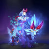 Image of the Spirit of the Sacred Grove cosmetic set for Mirana, from The International 10 Collector's Cache in Dota 2, featuring Mirana in a formidable oni mask and elegant blue and white robes, riding a celestial lion-dog mount with a frosty mane and striking crimson horns.