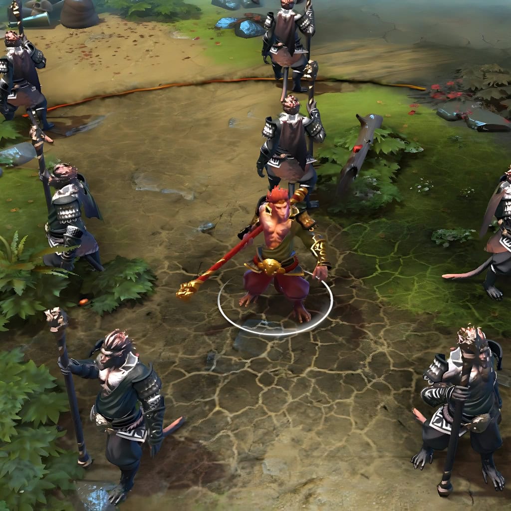 A gameplay screenshot of Monkey King's default model in Dota 2. This serves as a baseline to contrast with the enhanced in-game visuals, unique blazing visage, fiery shoulder familiar, and custom imposing greatstaff of the Champion of the Fire Lotus cosmetic set.