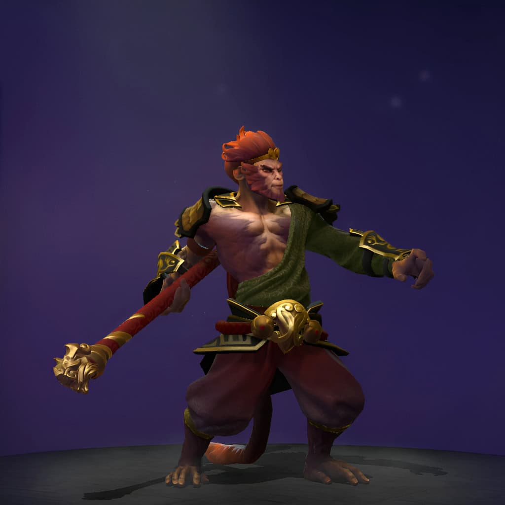 The default skin of Monkey King, shown for comparison with the Champion of the Fire Lotus set. This highlights the transformation into an imposing presence with a blazing visage, ornate fire lotus armor, a fiery greatstaff, and a unique smoldering shoulder familiar.