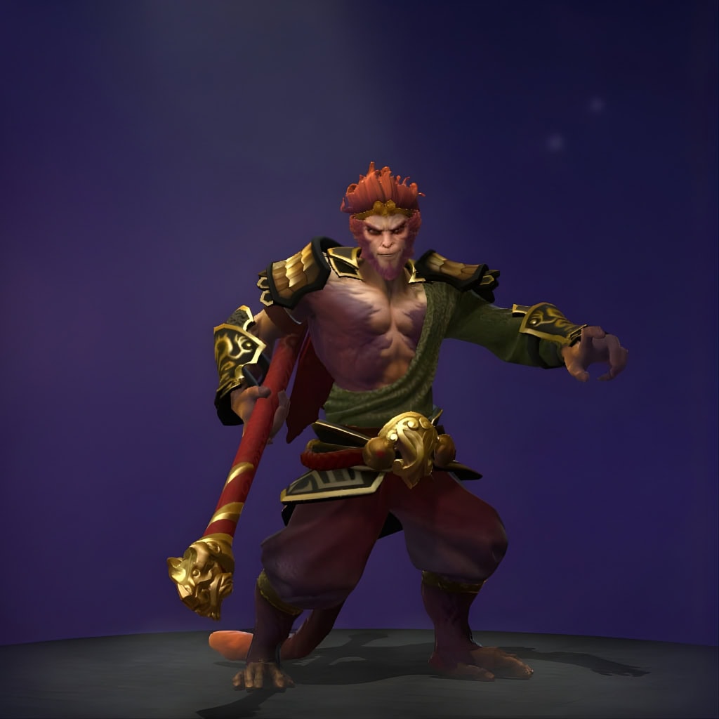 The default skin of Monkey King, shown for comparison with the Riptide Raider set. This highlights the complete reimagining of Wukong into an authoritative maritime warrior, with a golden trident, coral crown, and a long white beard, transforming him into an ancient sea lord.