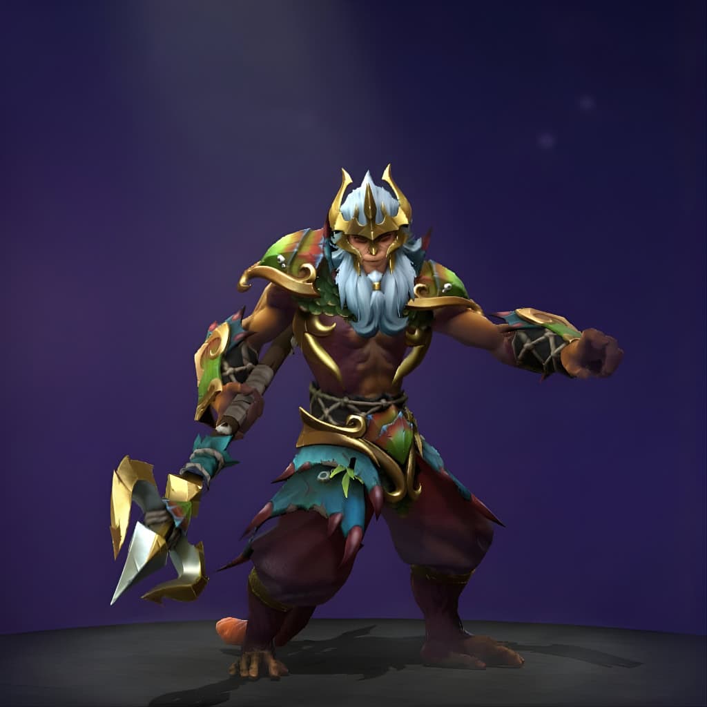 Monkey King's "Riptide Raider" Mythical set from The International 2017 Collector's Cache. This skin transforms him into an authoritative maritime warrior, featuring a formidable golden trident weapon, an ornate coral-like crown, a long white beard, and ocean-influenced armor with scaled pauldrons, finned bracers, and a tattered kilt. He is posed against a dark background.