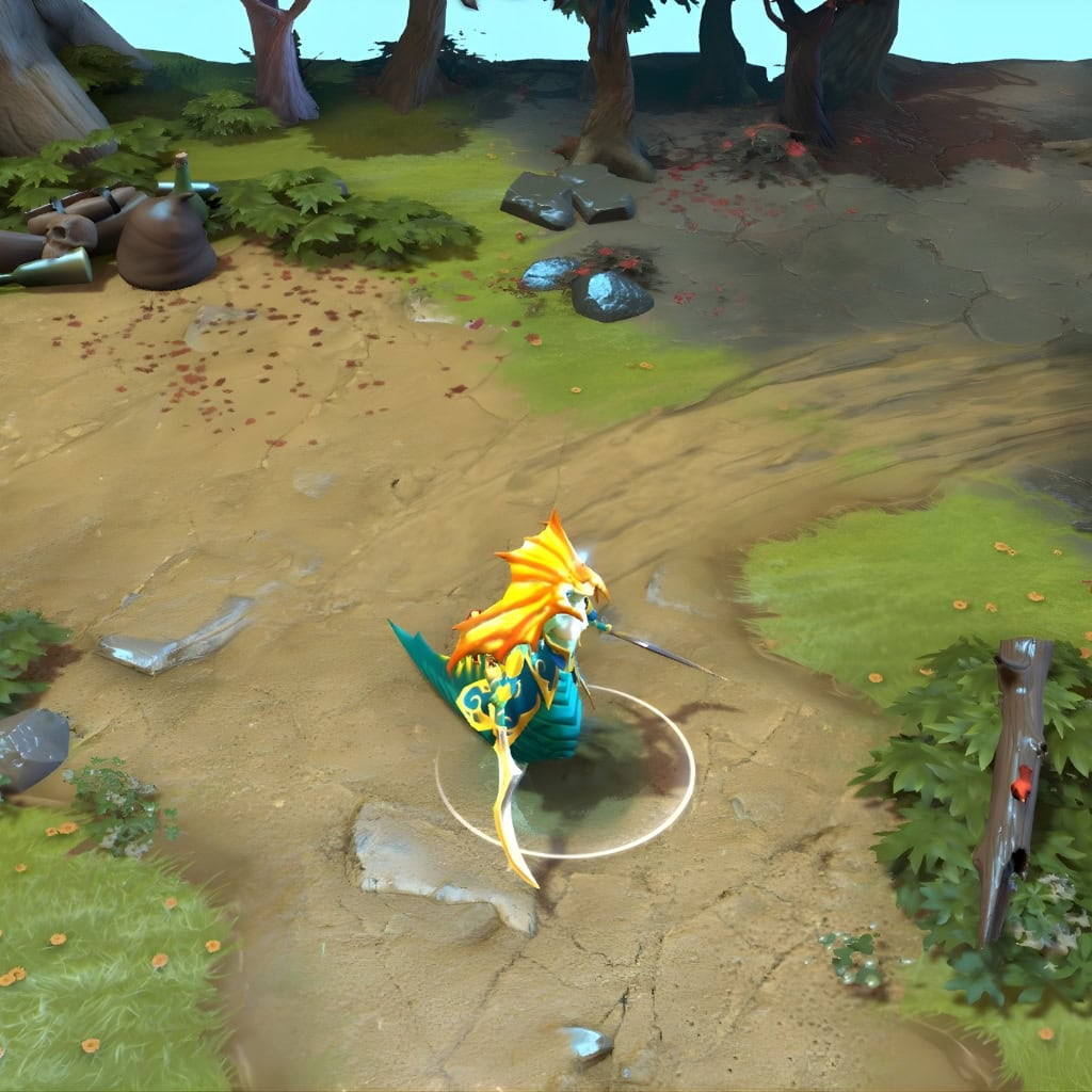 A gameplay screenshot of Naga Siren's default model in Dota 2. This serves as a baseline to contrast with the exquisite design, thematic immersion, and mesmerizing visual effects of the Martyrdom of the Brineborn cosmetic set.