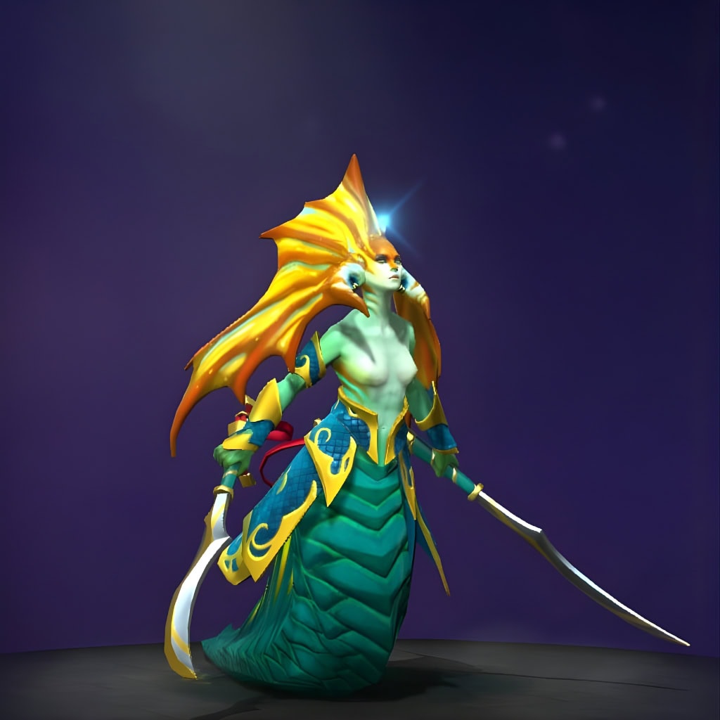 The default skin of Naga Siren, shown for comparison with the Martyrdom of the Brineborn set. This highlights the transformation into an elegant, ocean-themed warrior with glowing scales, an ethereal crown, and a unique shield and trident.